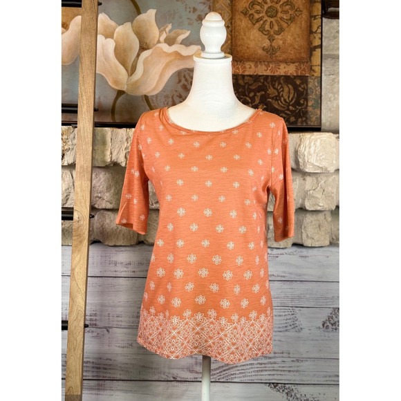 LOFT Tops - Loft Outlet Soft Orange Floral Border Print Cotton Elbow Sleeve Top Small
